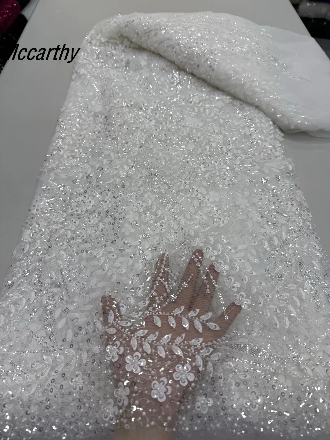 

Mccarthy White African Heavy Beaded Lace Fabric, Nigerian Sequins Groom Fabric, Wedding Party Dress, High Quality, 5 Yards, 2025
