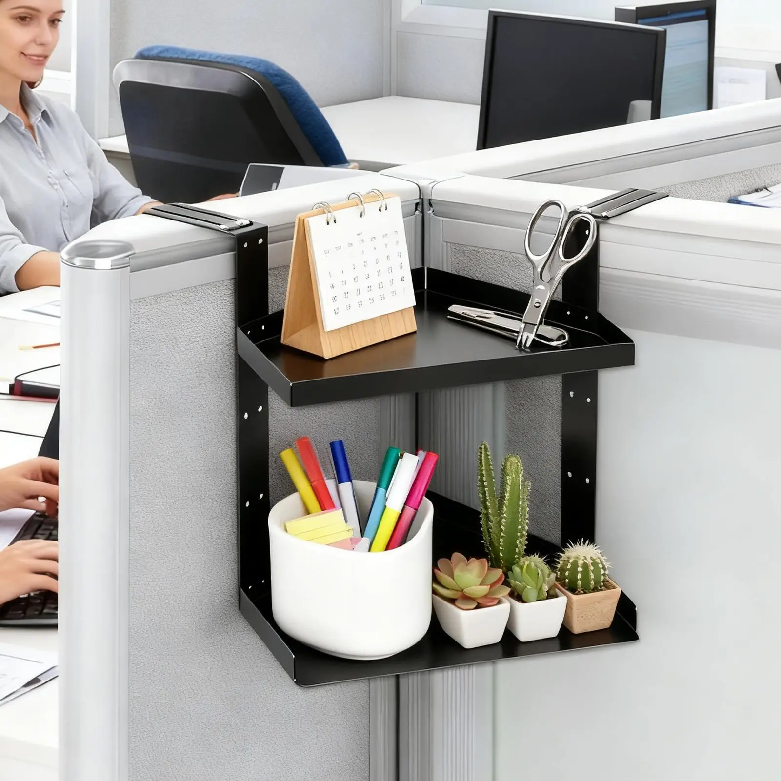 

Cubicle Shelves 2 Layers Organizer Height Adjustable Cubicle Storage Organizer with Hooks for Office Home Kitchen Bathroom