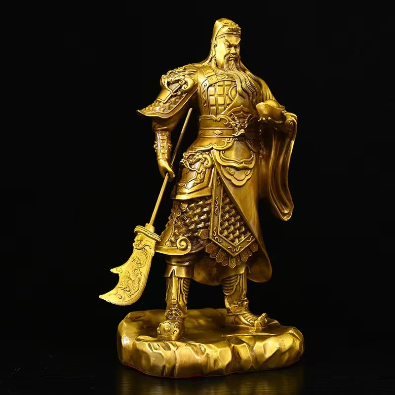 Brass Guan Gong God of Wealth Statue, finely crafted Guan Gong figurine with ingots, home and office decoration