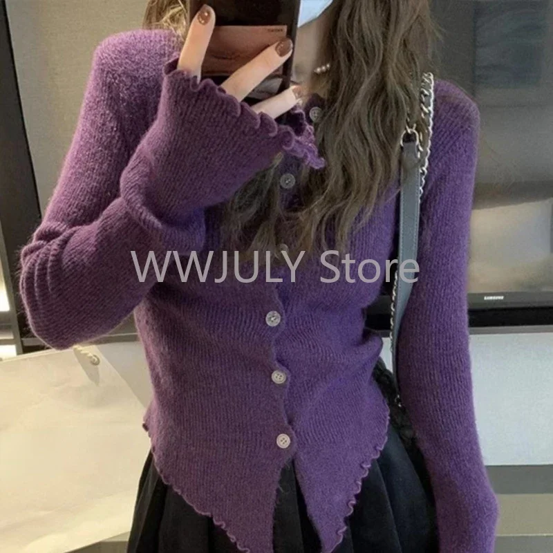 2024 Y2k Grey Vintage Women Kint Sweater Harajuku Long Sleeve Cardigan Irregular Korean Fashion Slim Autumn Jerseys Casual