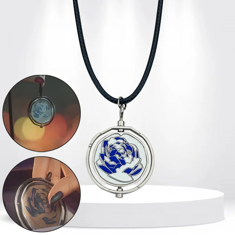 Anime Arcane Season 2 Same Style Jinx Ekko Head Portrait Rotating Blue Rose Pendant Necklace Women Men Halloween Birthday Gift