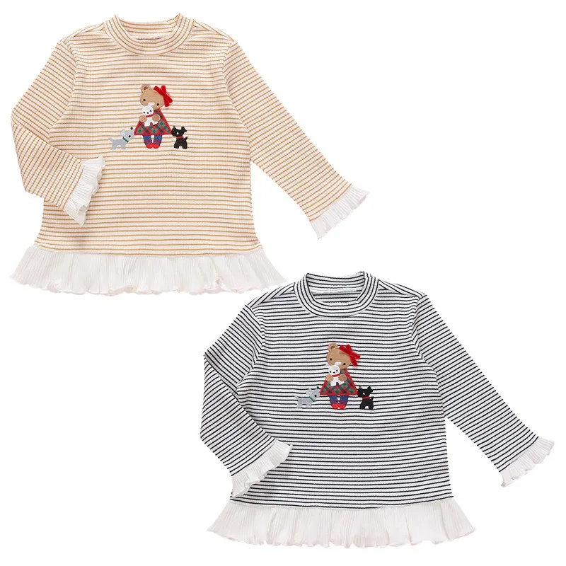Japanese Girls T-Shirts Cartoon Bear Striped Ruffle Long Sleeve T-shirt Cute Crew Neck Tops Kids Basic Layering Undershirt