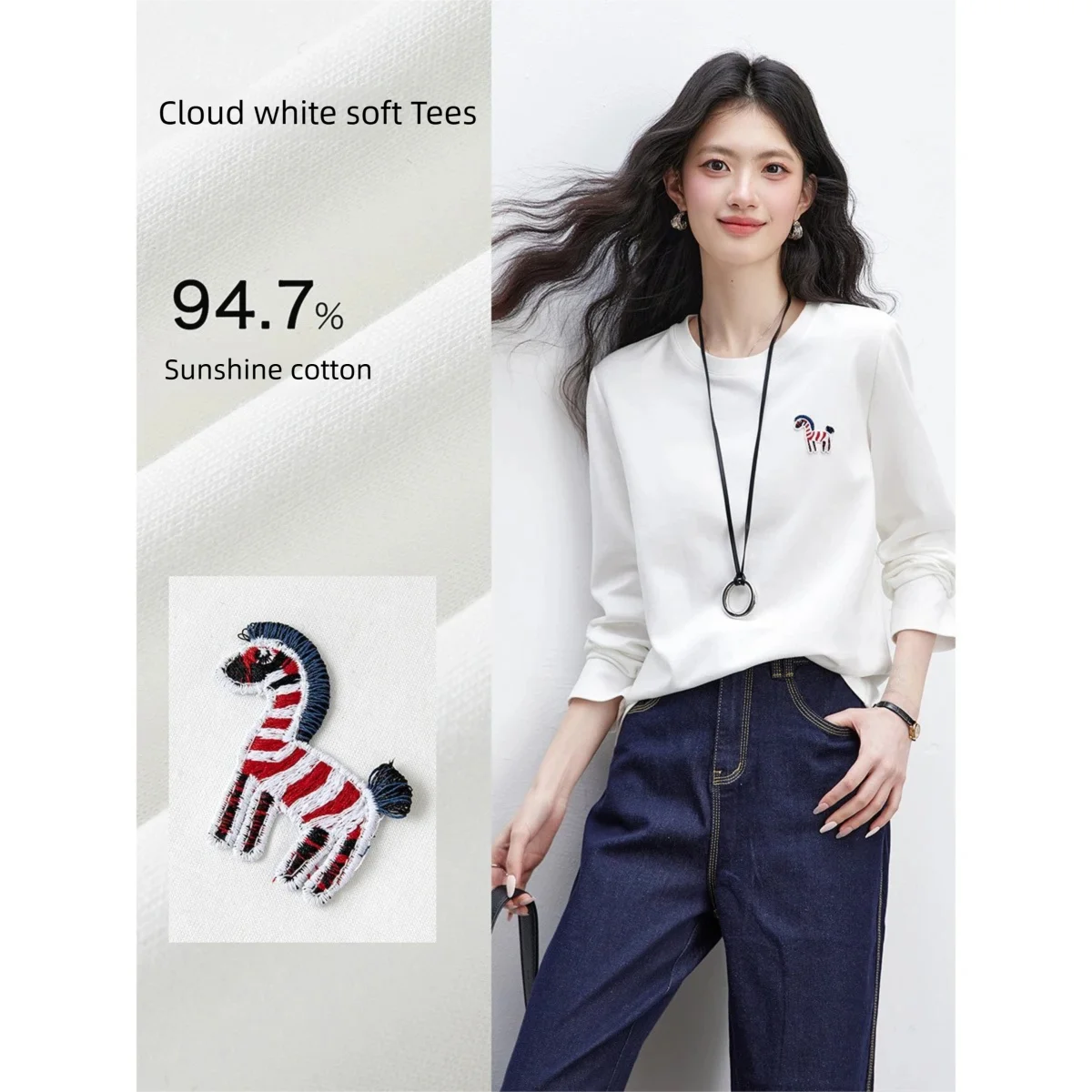 VIMLY Women's White Long Sleeve Graphic T-shirt 2026 Cute Pony Embroidered Basic Tee Casual Cotton Versatile Tops Ladies A3991