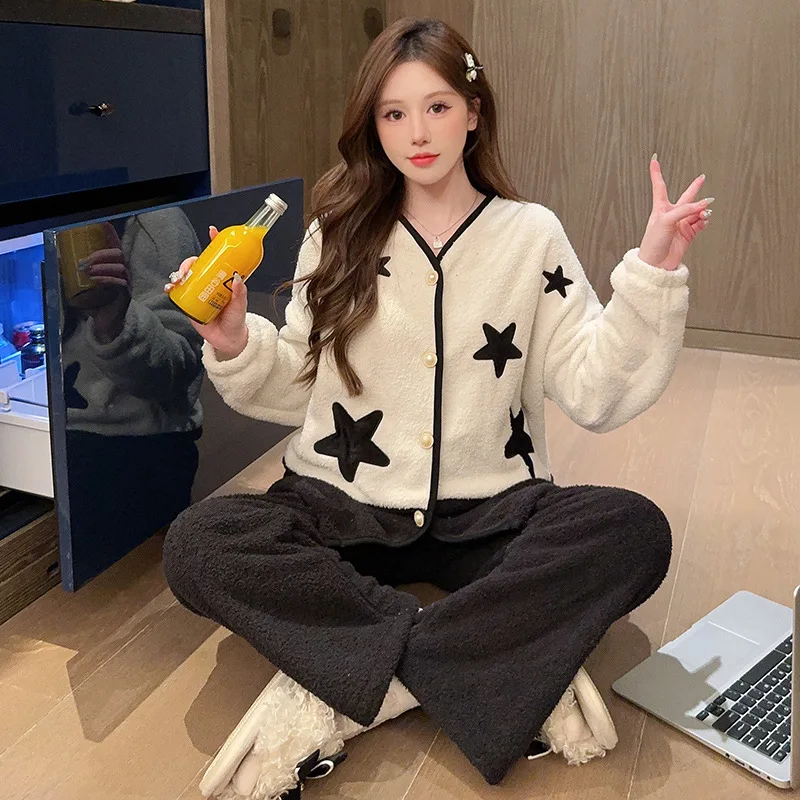 Pijamas femininos de meia pilha outono inverno engrossar doce confortável pijamas cardigan mangas compridas manter quente terno homewear