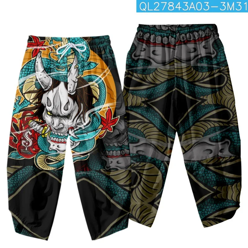 

Japan Cartoon Demon Samurai Printed Japanese Cropped Pants Couple Casual Elastic Waist Kimono Trousers Harajuku Streetwear