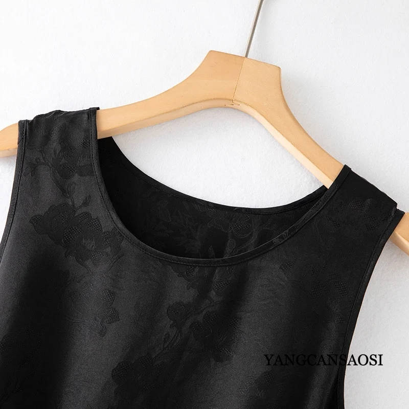 Women's Summer New 100% Natural Mulberry Silk Jacquard HuaLuo Casual Sleeveless Simple Black Tank Top Dress