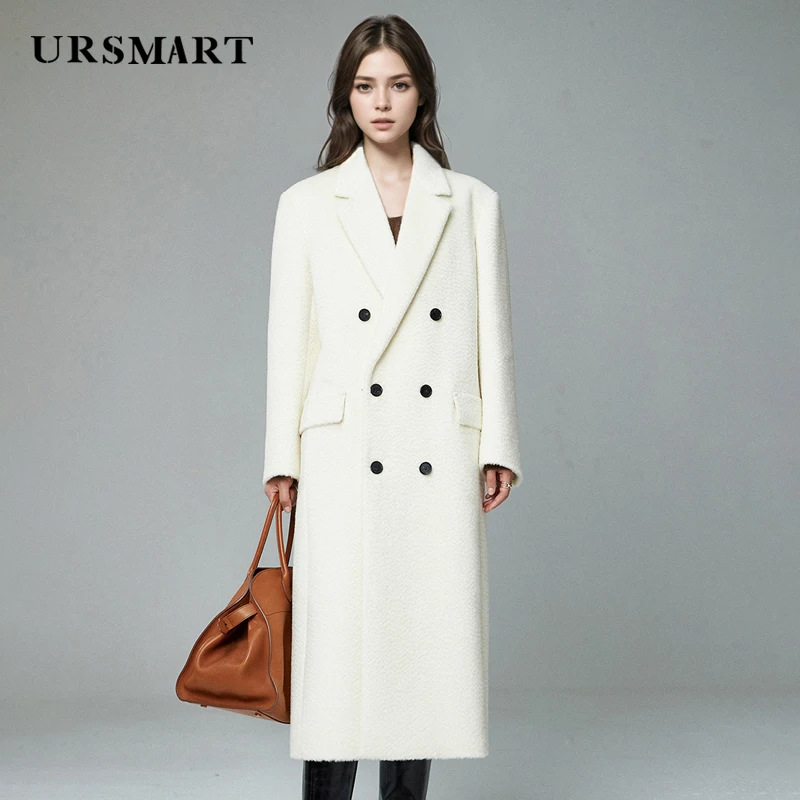 High quality white wool women's coat double breasted knee length custom cashmere blend modern minimalist work women's coat