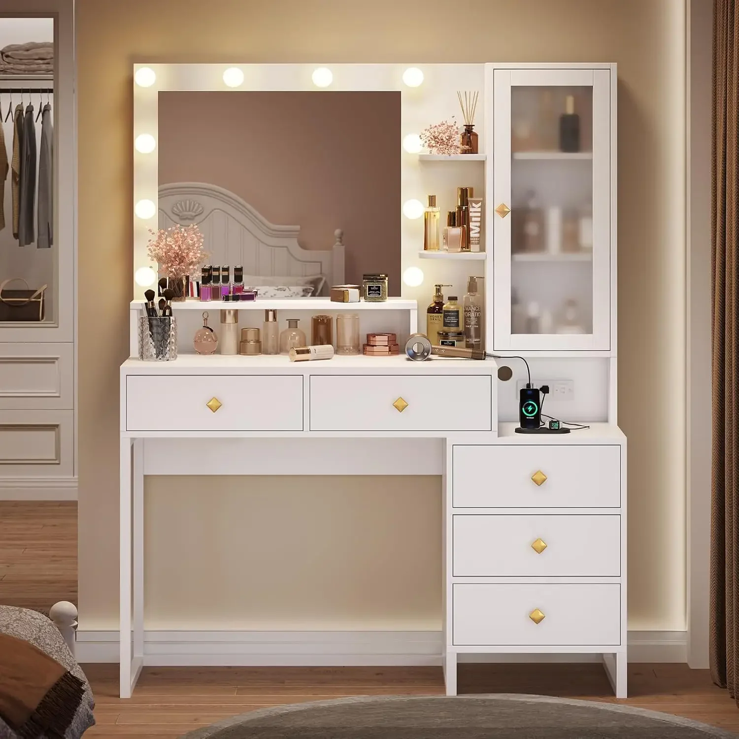 Makeup Vanity Desk with Mirror and Lights & Charging Station, White Vanity Table with 5 Storage Drawer & Glass Door & 3 Shelves