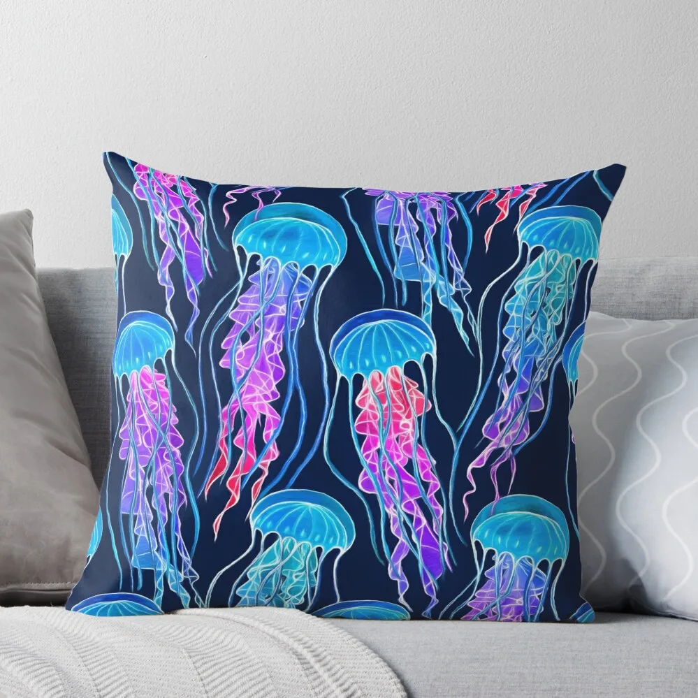 Luminescent Rainbow Jellyfish on Navy Blue Throw Pillow Sofa Cushions Sofa Cushions Covers anime girl