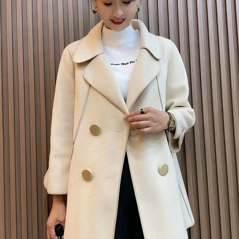 Vintage Green Woolen Suit Jacket Women's Winter Thickening Blazer 2023Waist Long Temperament Self-Cultivation White Woolen Coat