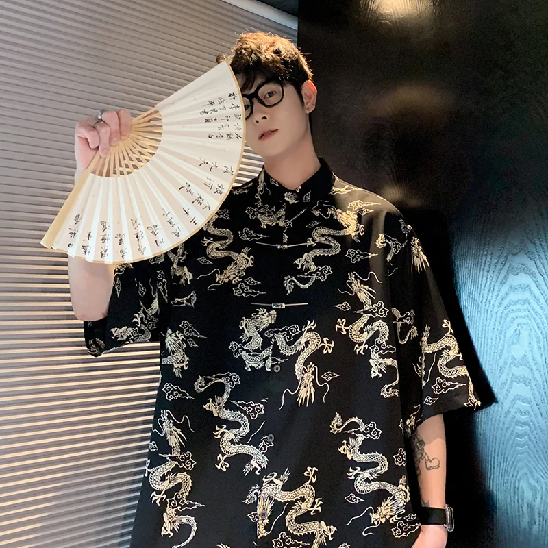 2024 Men Chinese Style Retro Tang Suit Rayon Print Dragon Suit Hanfu Men Oriental Clothing Black Short Sleeve Blouse Shirt