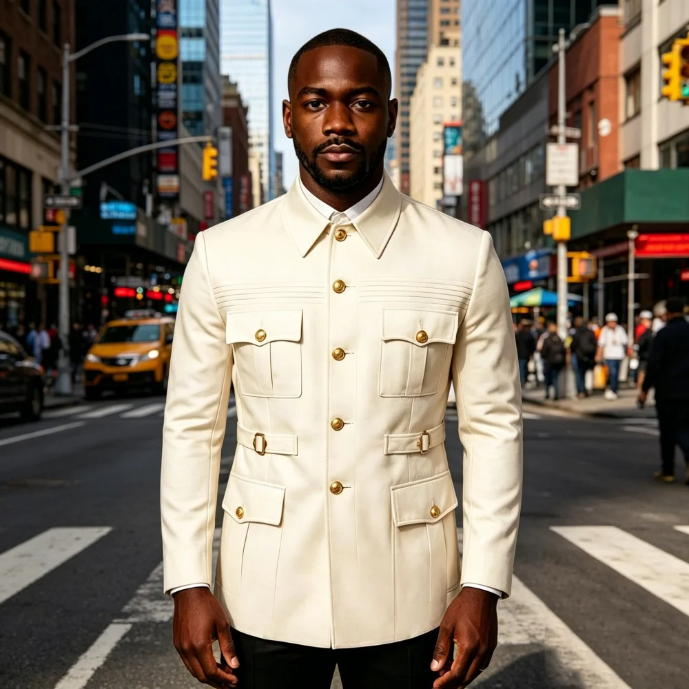 

Safari Suit Jacket for Men with Mandarin Collar Single One Piece Male Fashion Suit Blazer for Wedding Groom Guest Casual Prom
