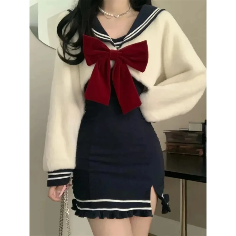 

★Halloween Cosplay Costume Autumn Winter Kawaii Navy Collar Bow Sweater Dark Blue Suspender Skirt Jk Suit 2026 New ♥Look Me ←_←