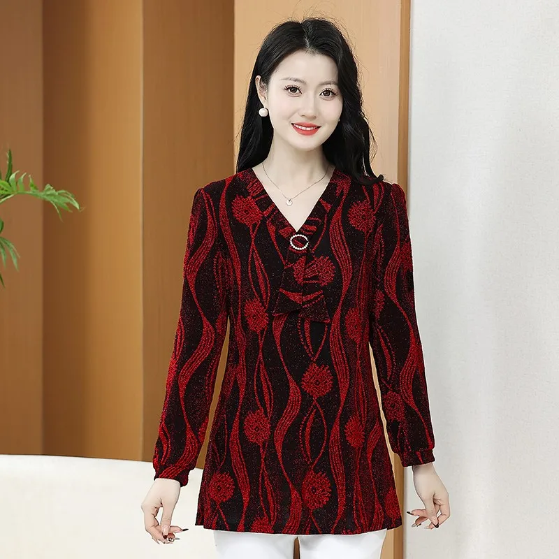 Elegant Vintage Women Clothing spring Gauze Midi Shirts Shiny Print T-shirt Basic Fashion Long Sleeve New Bowtie Casual Blouses