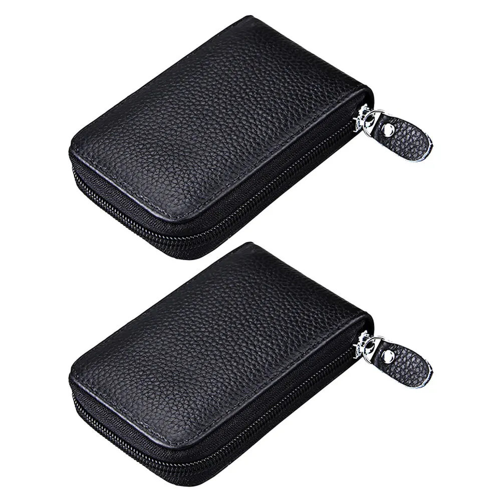 2pcs Cowhide Windpipe Card Wallet Multi-Slot Credit Organizer Smooth Zipper Compact Case For Business Travel Men Women