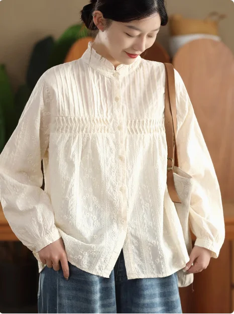 

100% хлопок, белый, черный, бежевый, элегантные женские роскошные дизайнерские блузки, осенняя одежда для женщин, 2026, рубашки с вышивкой