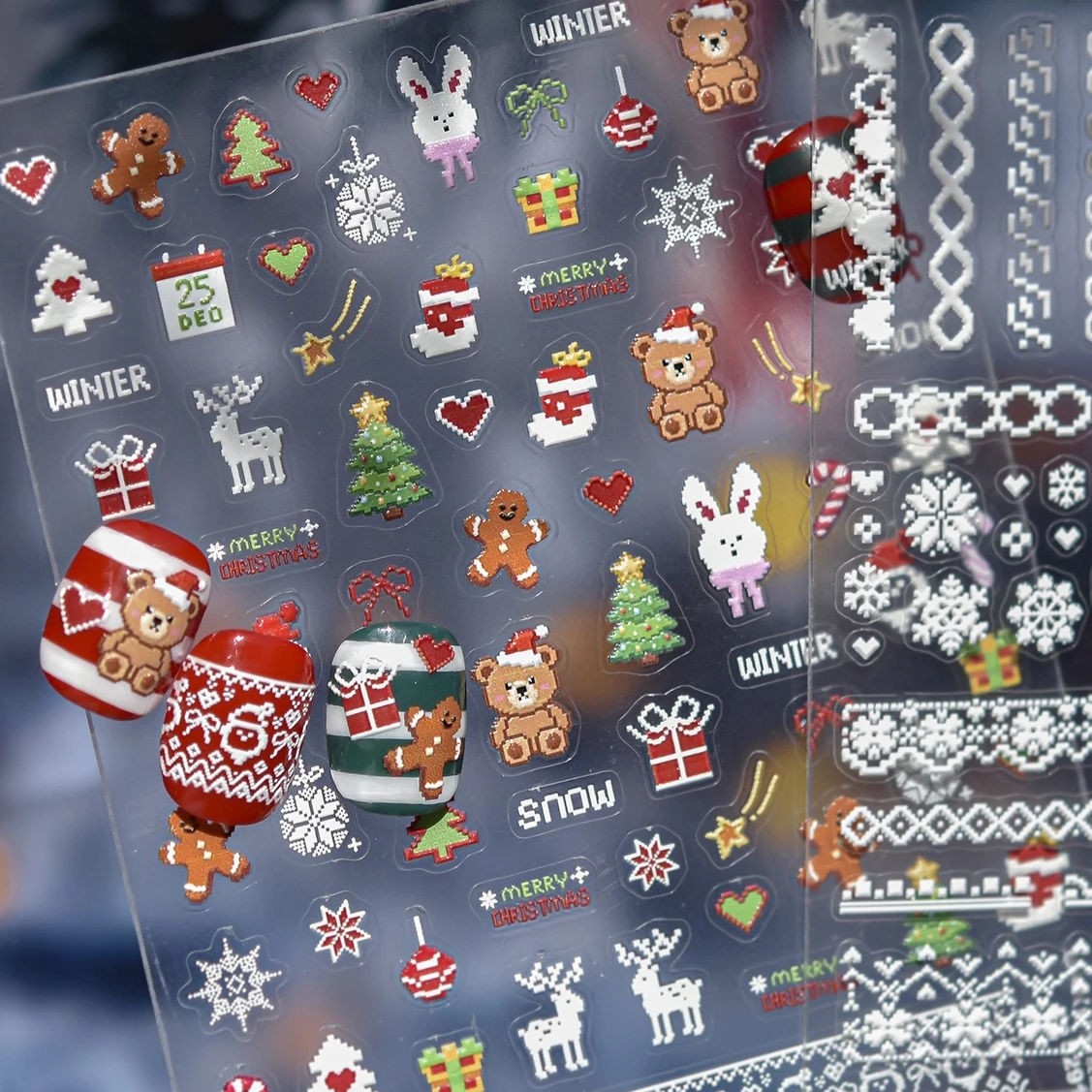 Naklejki na paznokcie w stylu pixel art, romantyczne śnieżynki, choinka, królik, niedźwiedź, zima, Święty Mikołaj, bałwan, naklejki do manicure.