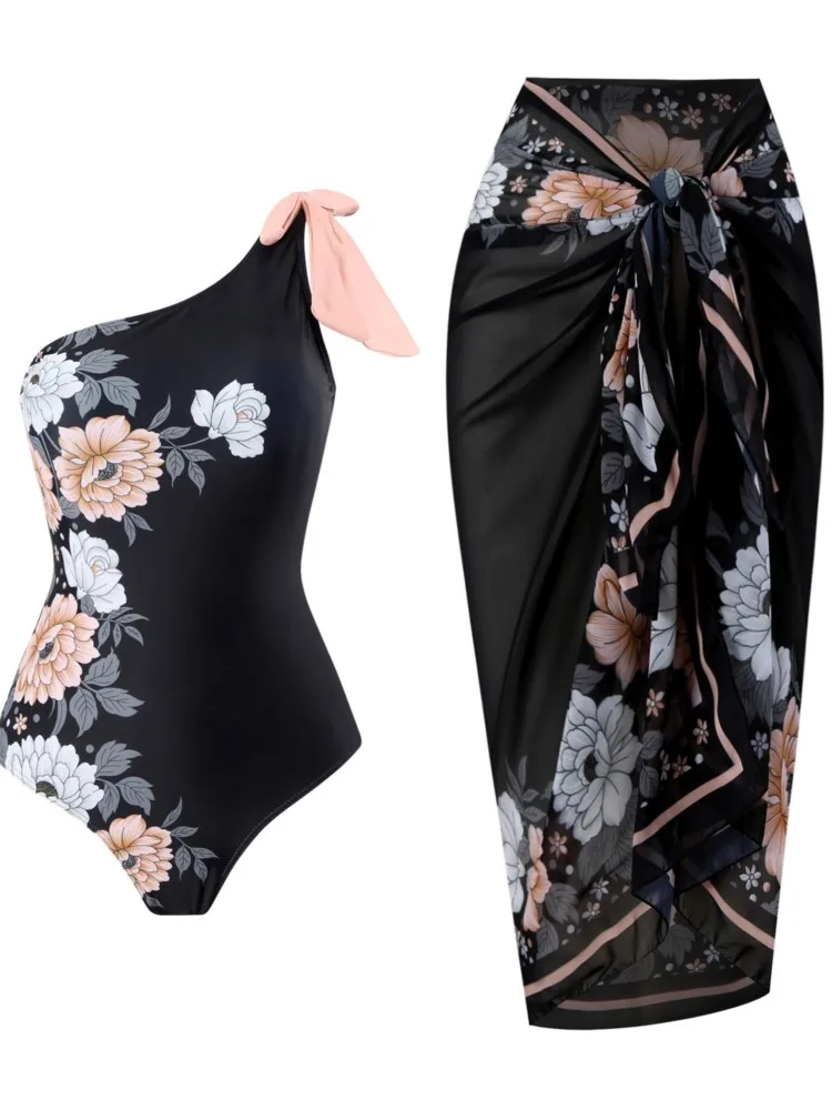 Retro Bikini z Nadrukiem, Dwuczęściowy Strój Kąpielowy i Narzutka ze Spódnicą, Obcisły Damski Strój Bandage, Letni Luksusowy i Elegancki na Plażę