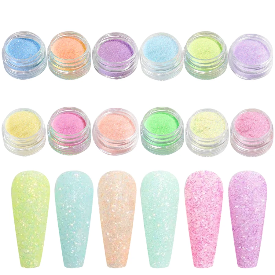 12 Colors Nail Powder Nail Glitter Shining Sugar Colorful Powder Candy Coat Sparkly Pigment Nail Charms Nail Art Decoration