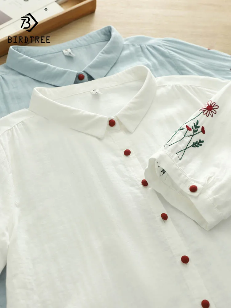 

New 2026 Summer Women Cotton Yarn Half Sleeve Shirt, Turn-down Collar Embroidery, Mori Girl OL Casual Thin Loose Blouse T65386CC