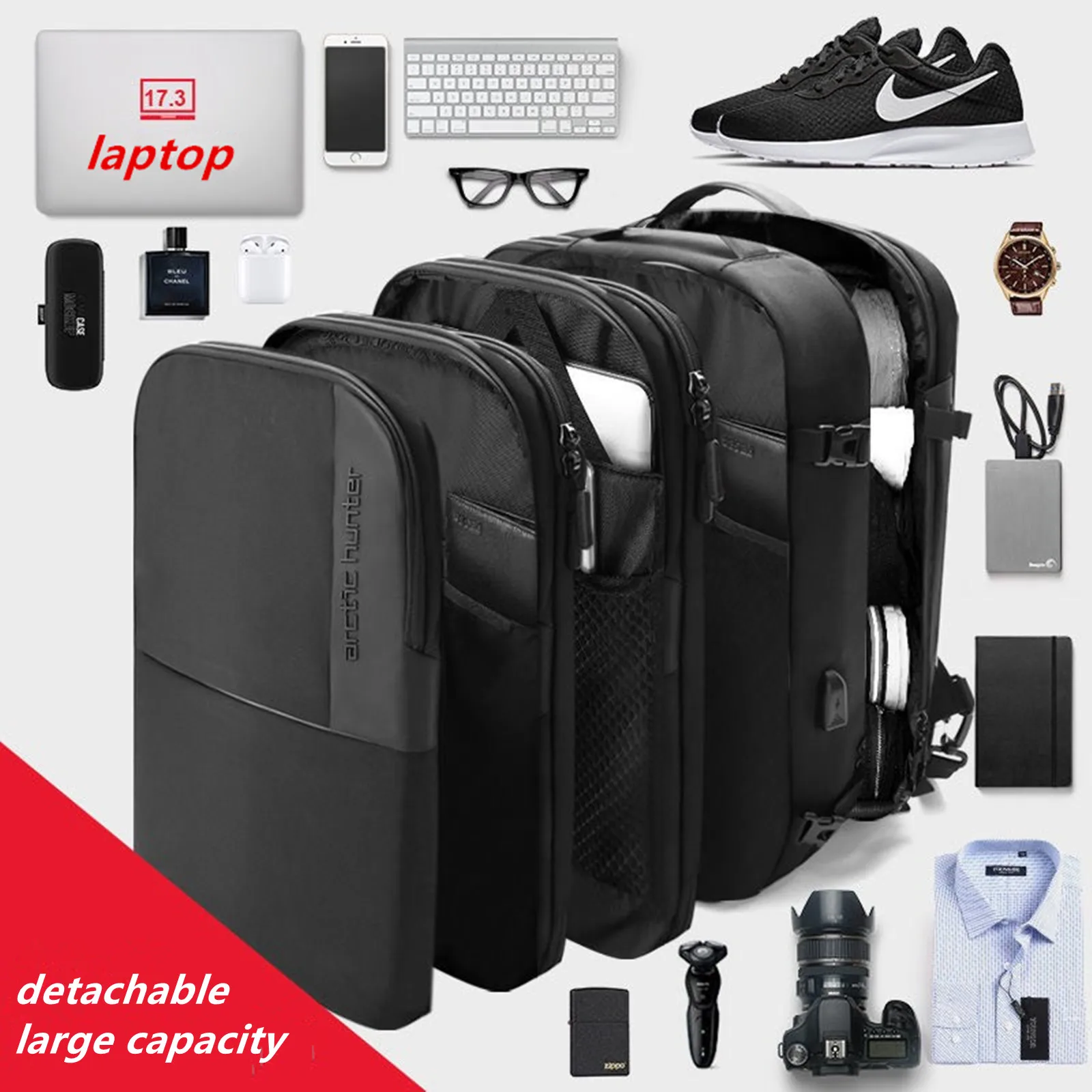 Detachable Separation Travel Backpack Business Laptop Computer Storage Bag Men Waterproof USB Handbag Large Capacity Casual Pack