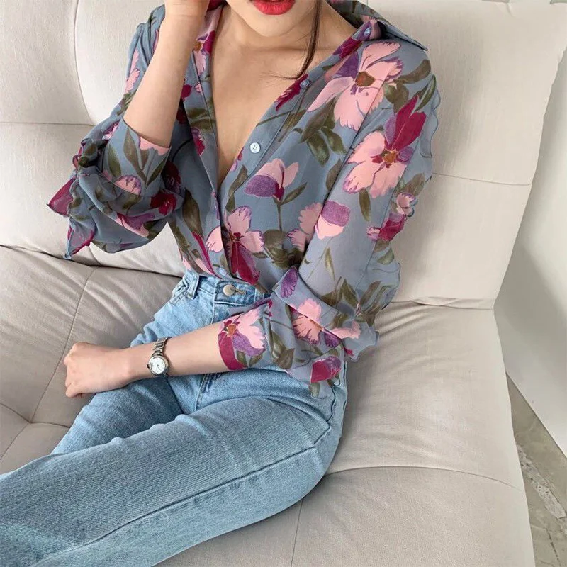 Primavera verão casual moda floral impressão manga longa chiffon camisa feminina doce all-match blusa de grandes dimensões feminino cardigan topo