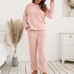 Autumn Winter Women Solid Plush Warm 2 Pieces Set Velvet Fleece Set Pullover Pants Set Women Casual Pajamas Set Homewear Suit