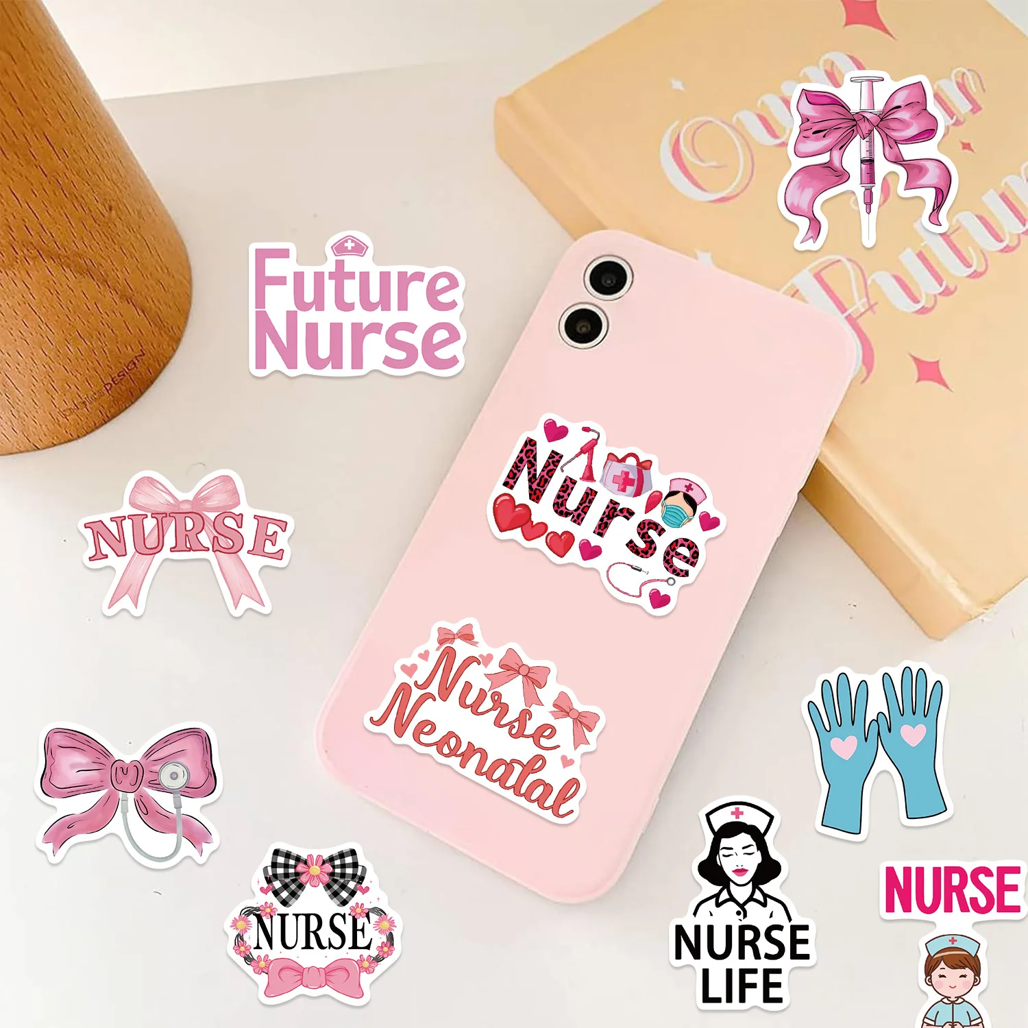 50Pcs Cute Pink Doctor Nurse Medical Appliances Stickers DIY Stationary Travel Luggage Car Laptop Waterproof Sticker