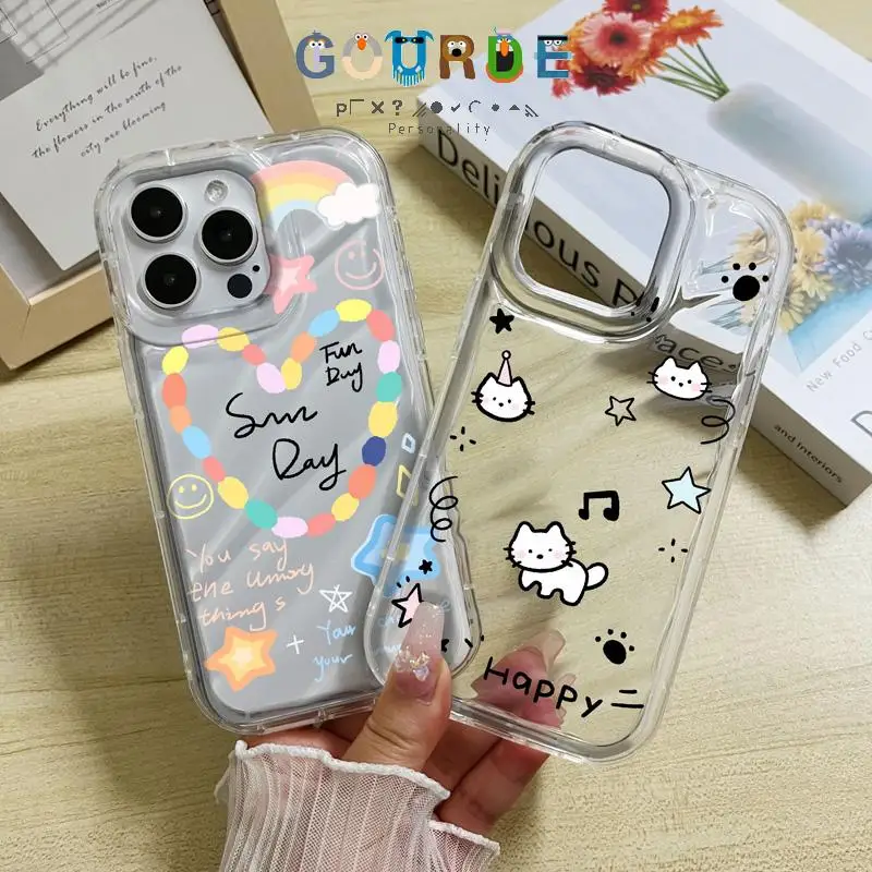 

Gourde Cartoon Kitten Heart Stars Patterns Wavy Clear Phone Case for Iphone 16 15 14 12 13 11 Pro Max Ip 7 8 Plus X Xs Xr Xs Max