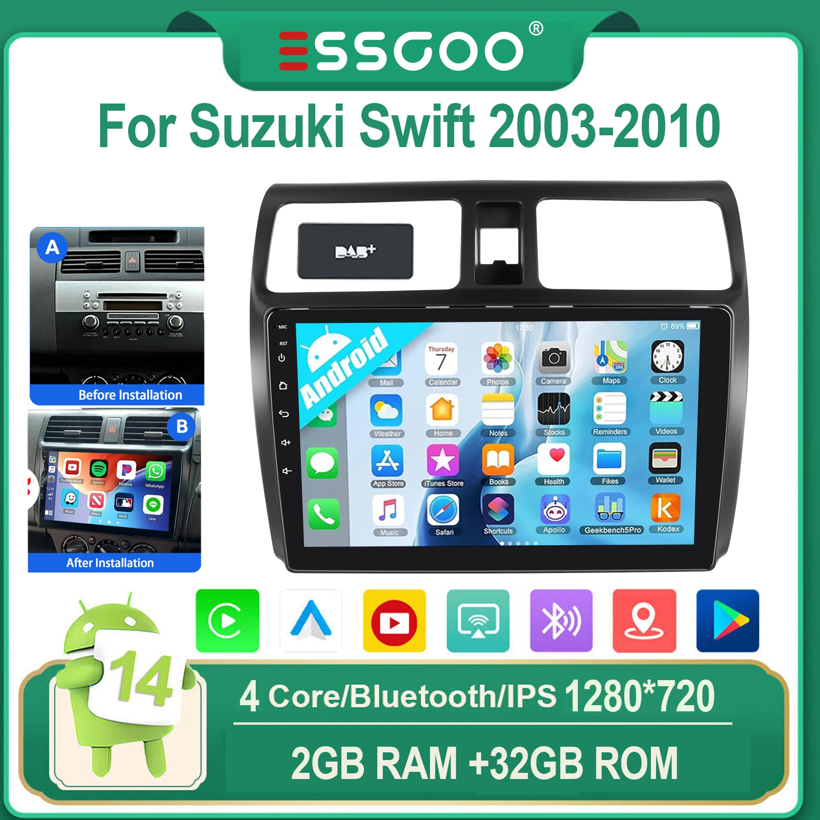 ESSGOO Voor Suzuki Swift 2003-2010 Android 14 10" IPS Touchscreen Autoradio Draadloze CarPlay Android Auto WIFI GPS Bluetooth FM Mirror Link Stuurwielbediening 4-Core Multimedia Videospeler