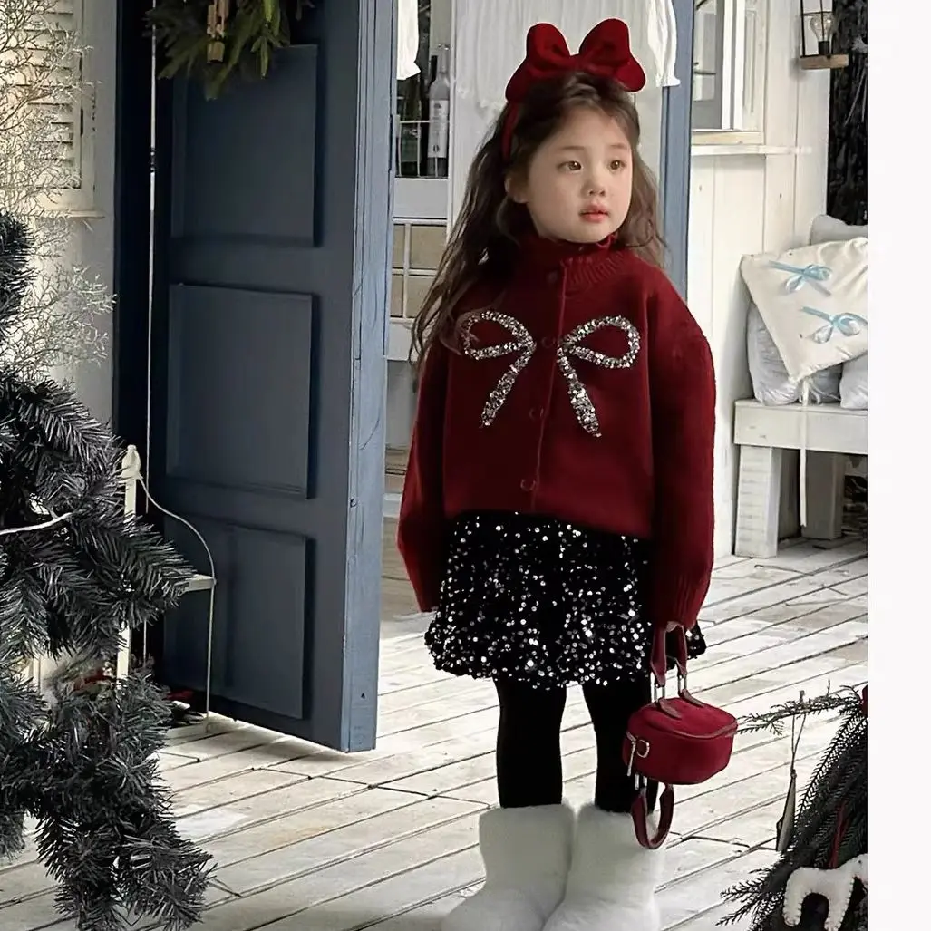 أطفال بنات لطيف سترة + تنورة لامعة مجموعة أزياء حساسة الأميرة الكورية طويلة الأكمام الانحناء الحياكة سترة معطف عالية الخصر A-l