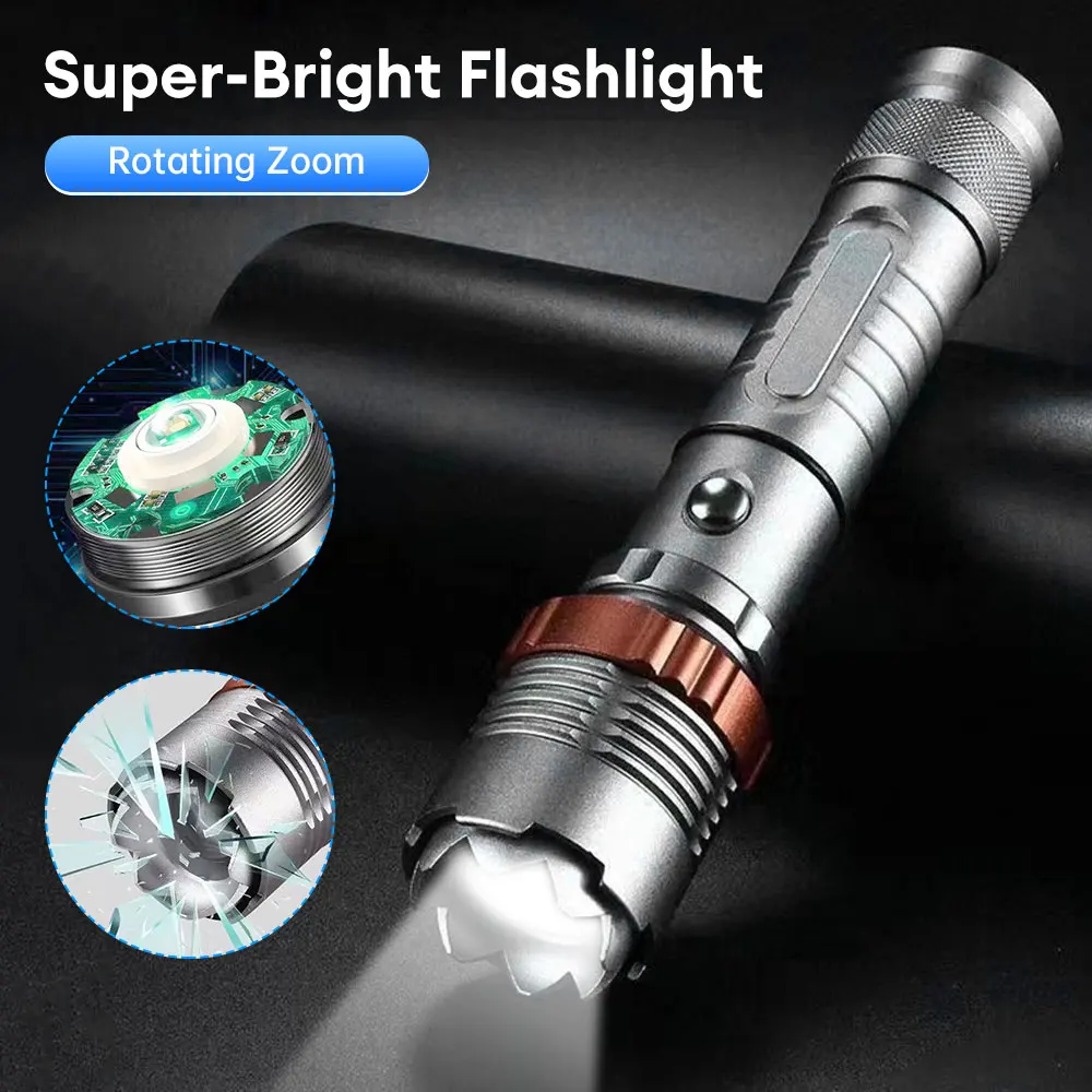 Powerful LED Flashlight Rechargeable Zoomable Emergency Torch Long Range Spotlight Tactical Flashlight Waterproof Camping Lamp