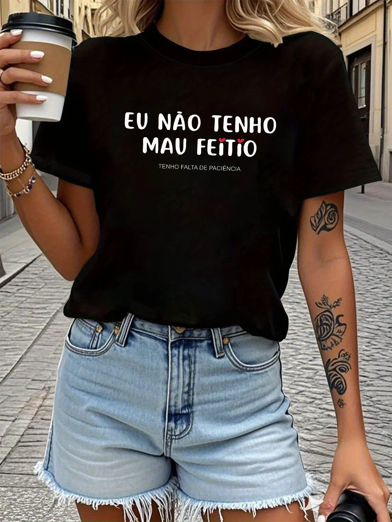 

Women's T-shirt Short Sleeve EU NÃO TENHO MAU FEITIO Portuguese Letter Print Crew Neck Casual Top For Summer & Spring