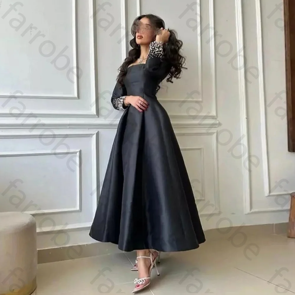 Customized Black Prom Dresses Square Neck Formal Evening Dress Beading Long Sleeve Saudi Arabric Satin Party Gown For Women