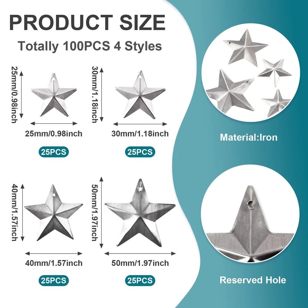 100pcs Star Pendant Five Point Star Platinum Plated Charms Christmas Tree Ornament DIY Jewelry Making Accessories 25~50x25~50mm