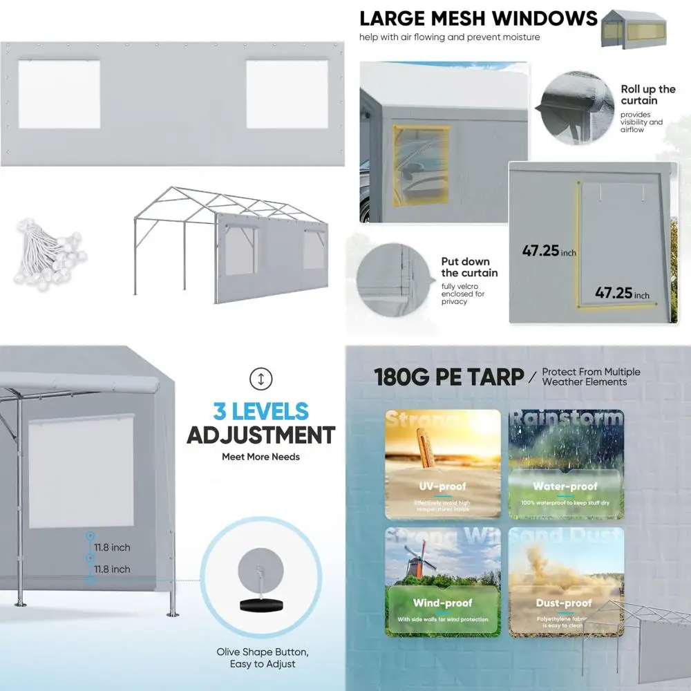 

Replacement Carport Canopy with Mesh Window and Sidewall, Bungee Balls Included, Suitable for 10x20 or 12x20 ft Garage Party Ten