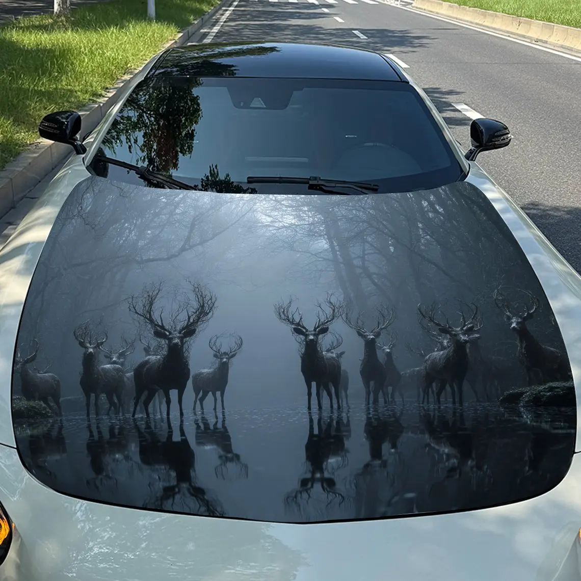 

Виниловая пленка для автомобиля Misty Forest Deer Herd, водонепроницаемая наклейка на капот автомобиля из ПВХ, самоклеящиеся устойчивые к царапинам наклейки для двигателя Cove