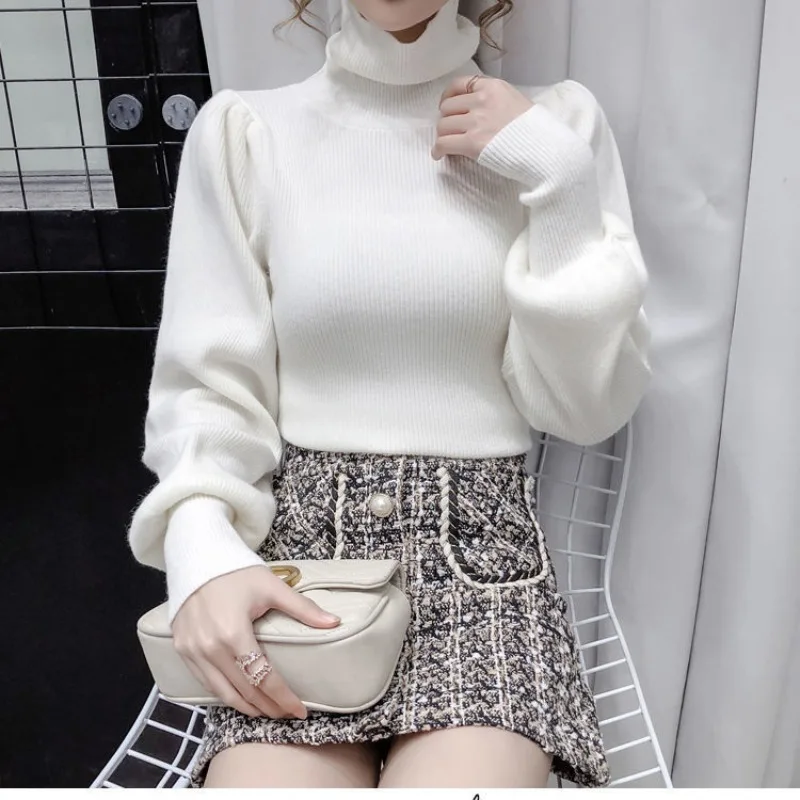 Autumn and Winter Women's Pullover Turtleneck Patchwork Screw Thread Solid Underlay Fashion Casual Commuter Long Sleeve Tops