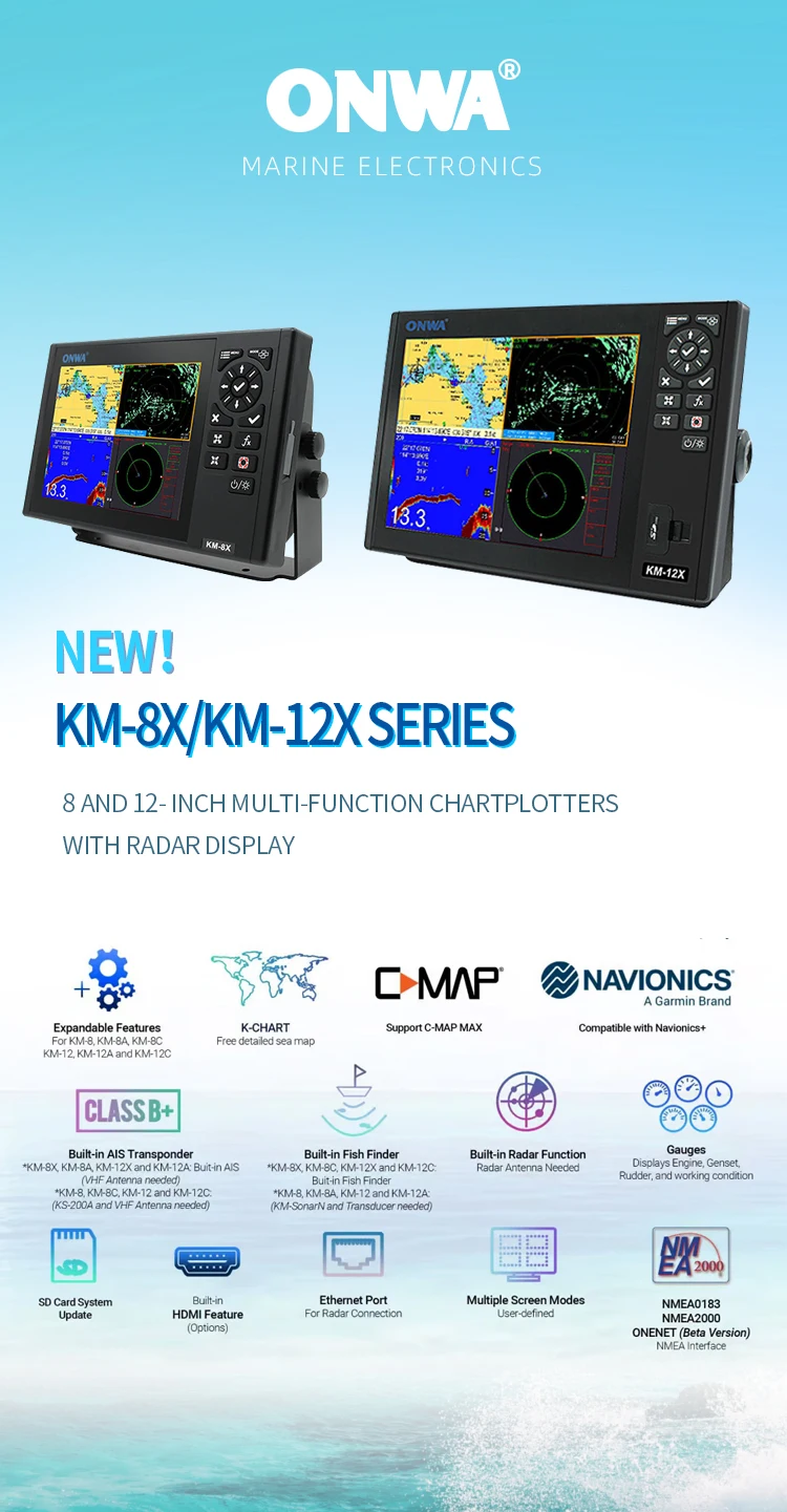 ONWA KM-8X KM-12X 5 في 1 من الدرجة البحرية B AIS المستجيب GPS الرسم البياني مكتشف الأسماك والرادار #5