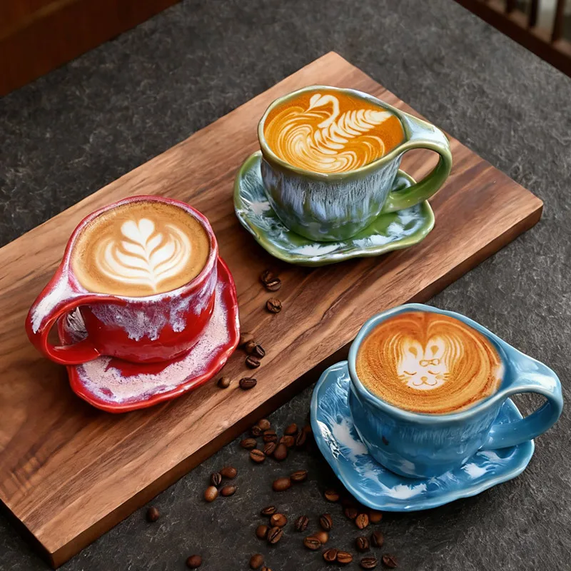 Creative Kiln-Transformed Irregular Ceramic Coffee Cup and Saucer Exquisite Latte Coffee Cup Afternoon Tea Dessert Beverage Cup