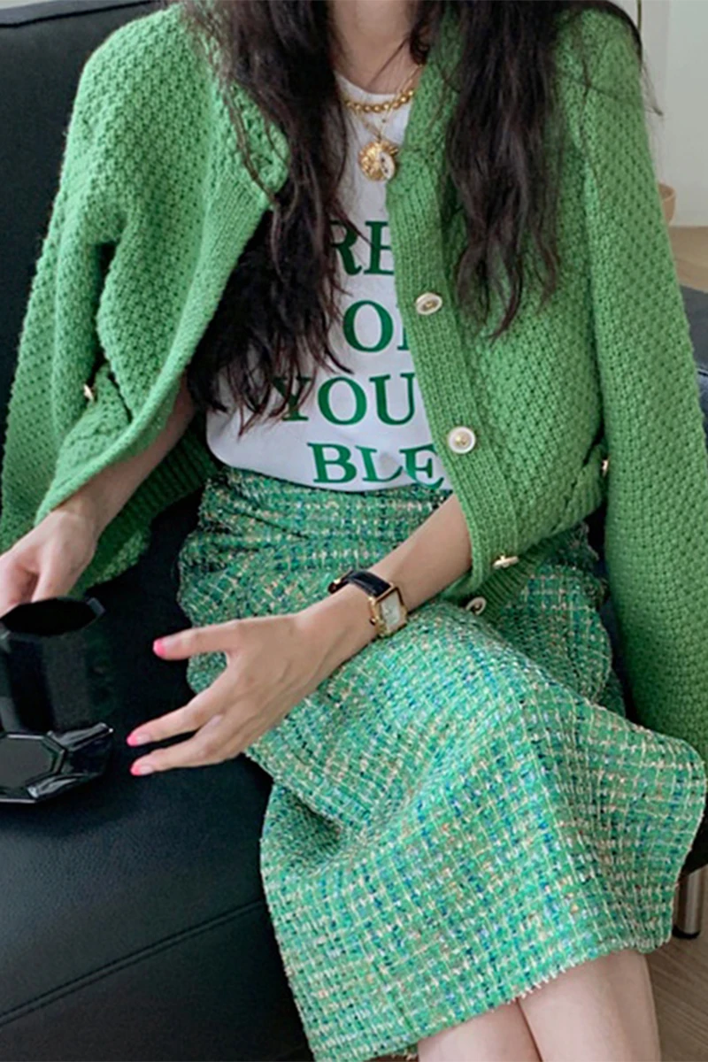 Sweet Loose 2 Piece Set Party Women Clothing Chic Single-breasted Knit Jacket + Tweed Skirt Suit 2023 Winter Autumn X470