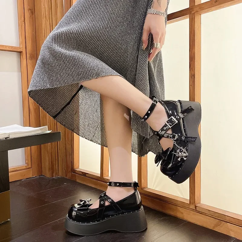 Punk Goth Chunky Platform Pumps Women 2023 Autumn Bowtie Wedges Mary Jane Lolita Shoes Woman Heart Ankle Buckle Black Shoes