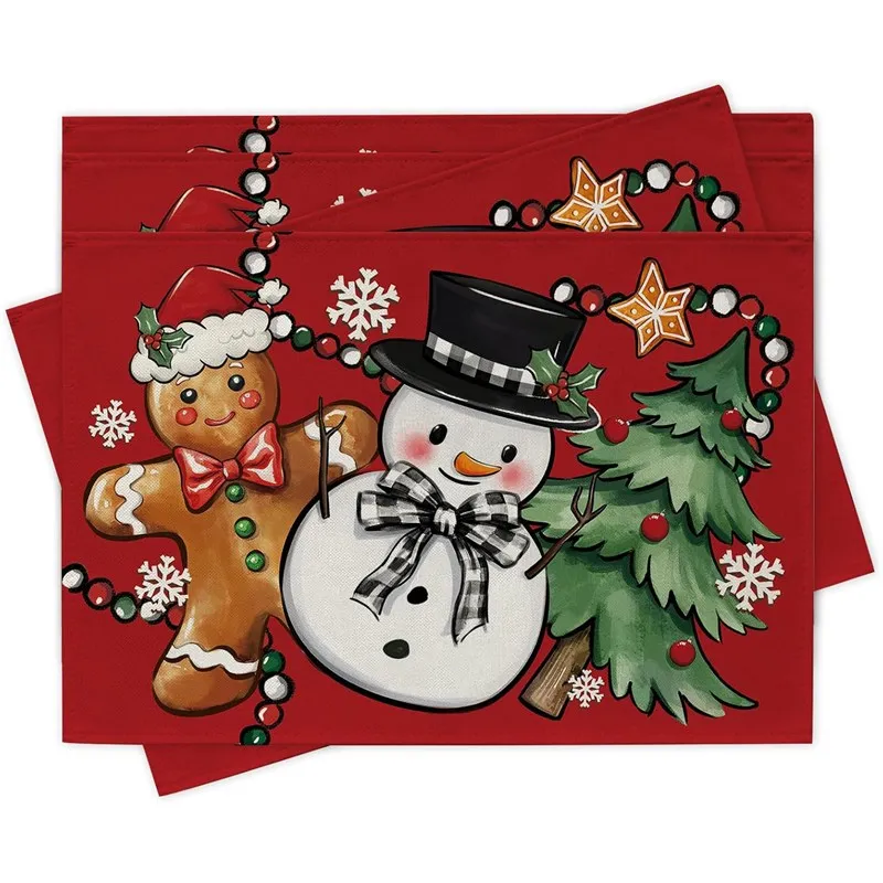 VIKAMA Christmas Linen Placemat, Red Merry Script Green Leaves, Machine Washable Heat Resistant, Holiday Dinner Kitchen