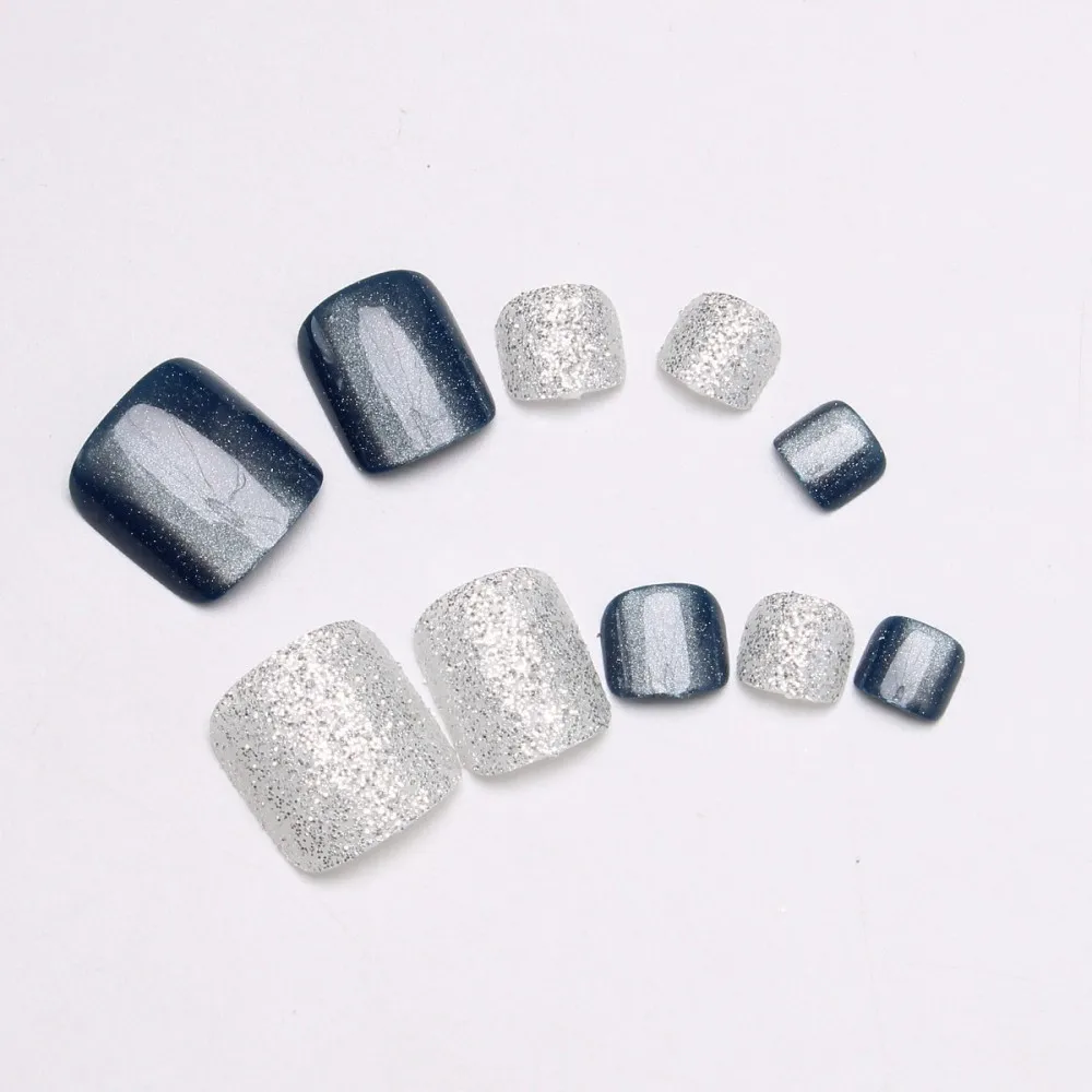 24PCS Ocean Blue Cat Eye Toenails Silver Glitter Press On Toe Nails Dark Magnetic Glossy Square Short False Foot Nails Beach view 4