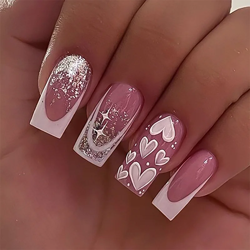 

French White Love Wearing Armor Silver Glitter Gradient Nail Art False Nail Medium Long Square Armor Pieces