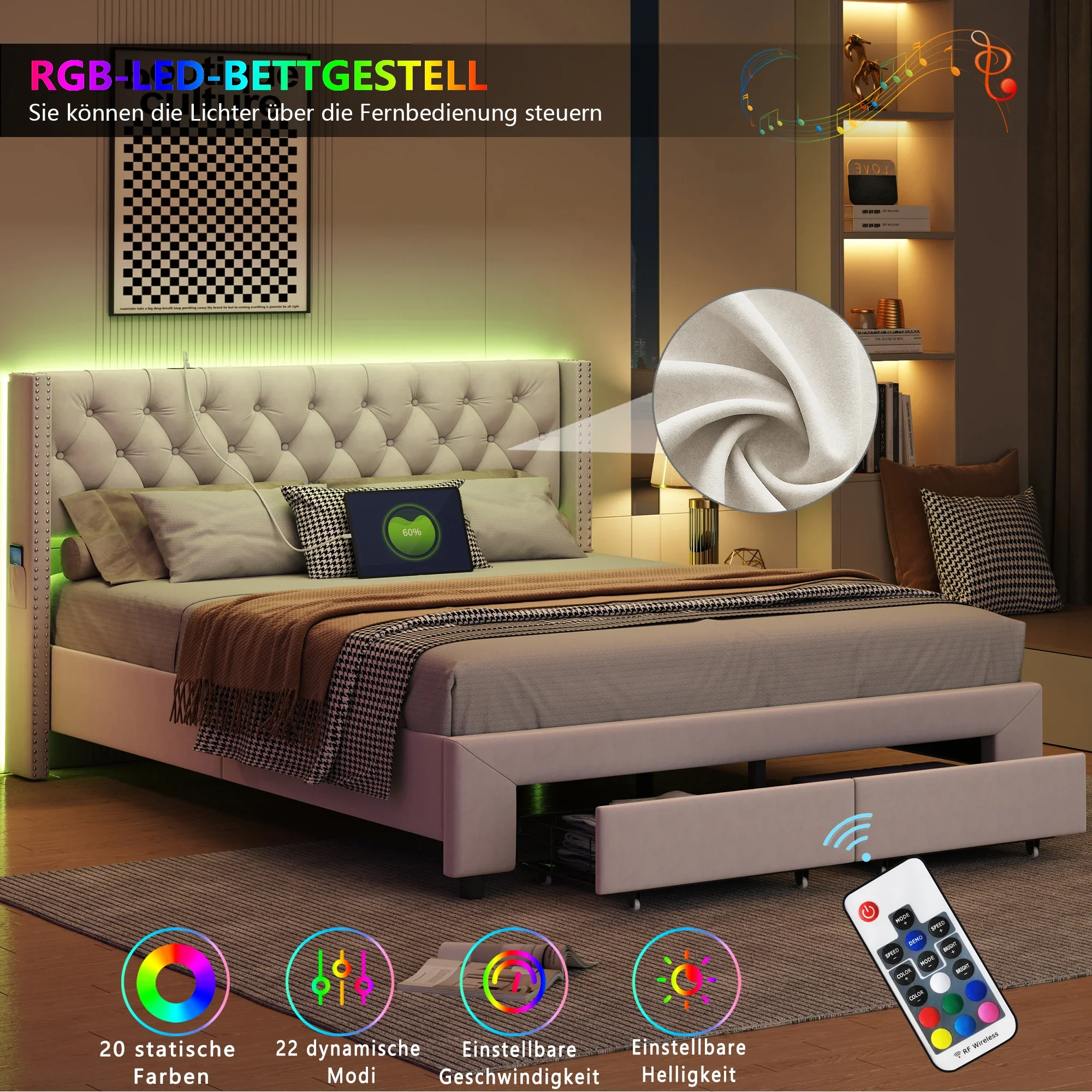 Letto imbottito Fangange 140x190 / 160x200 / 180x200 cm con testiera dotata di luci LED e stazione di ricarica USB, letto matrimoniale con 2 cassetti contenitori, tasca laterale in tessuto, letto per
