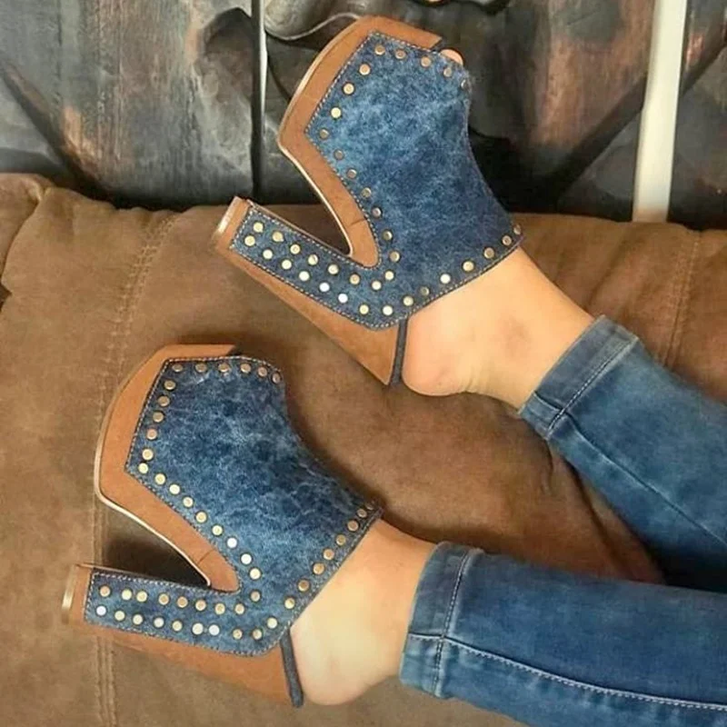 Wood Pattern Denim Platform Sandals Chunky Heel Peep Toe Fashion Sexy Cool 2025 Summer Big Size Woman Shoes Zapatillas Mujer