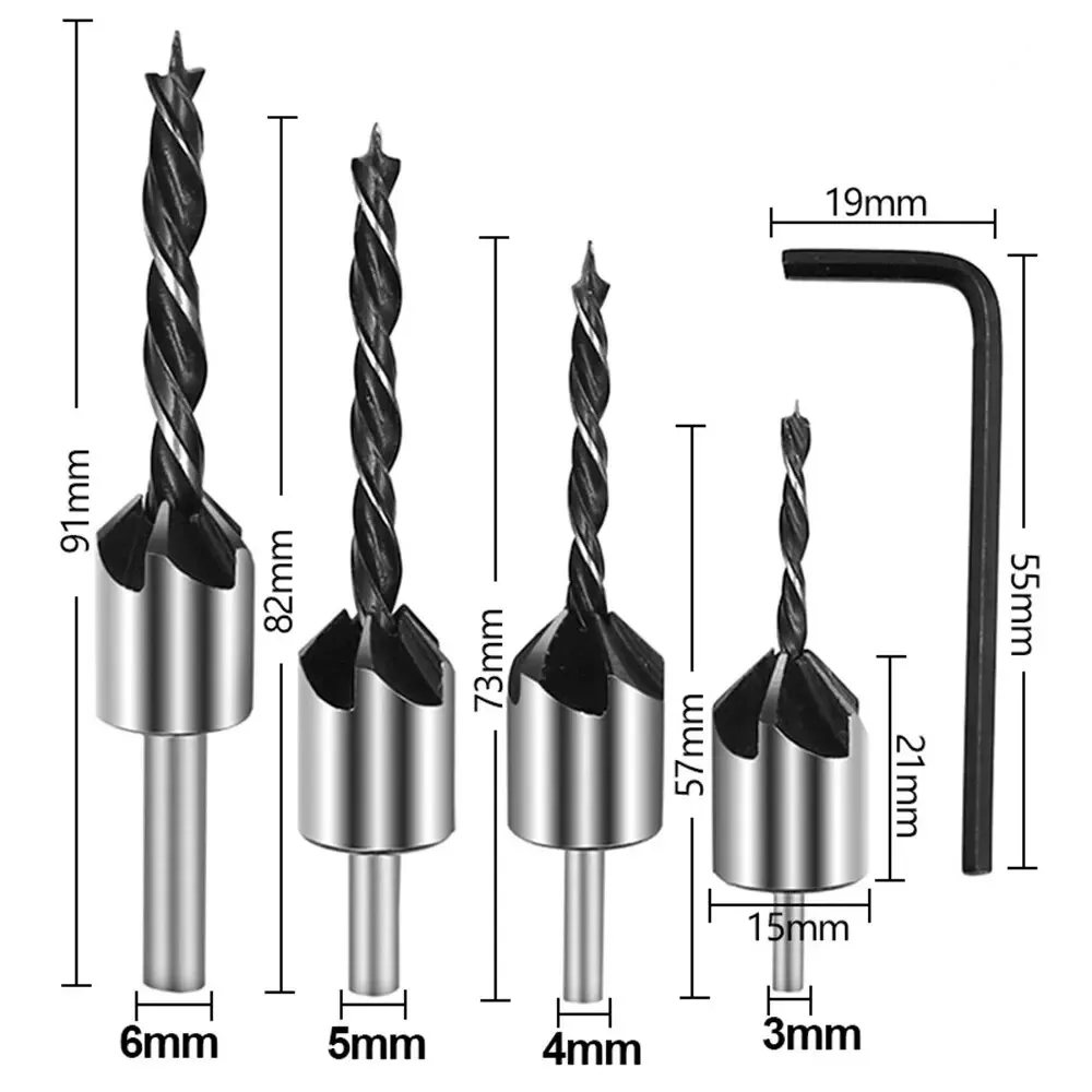 

4pc Three Pointed Woodworking Counterbore Drill 3-6mm Reaming Drill Screw Chamfering Drill Bit Hole Opener Tool Set