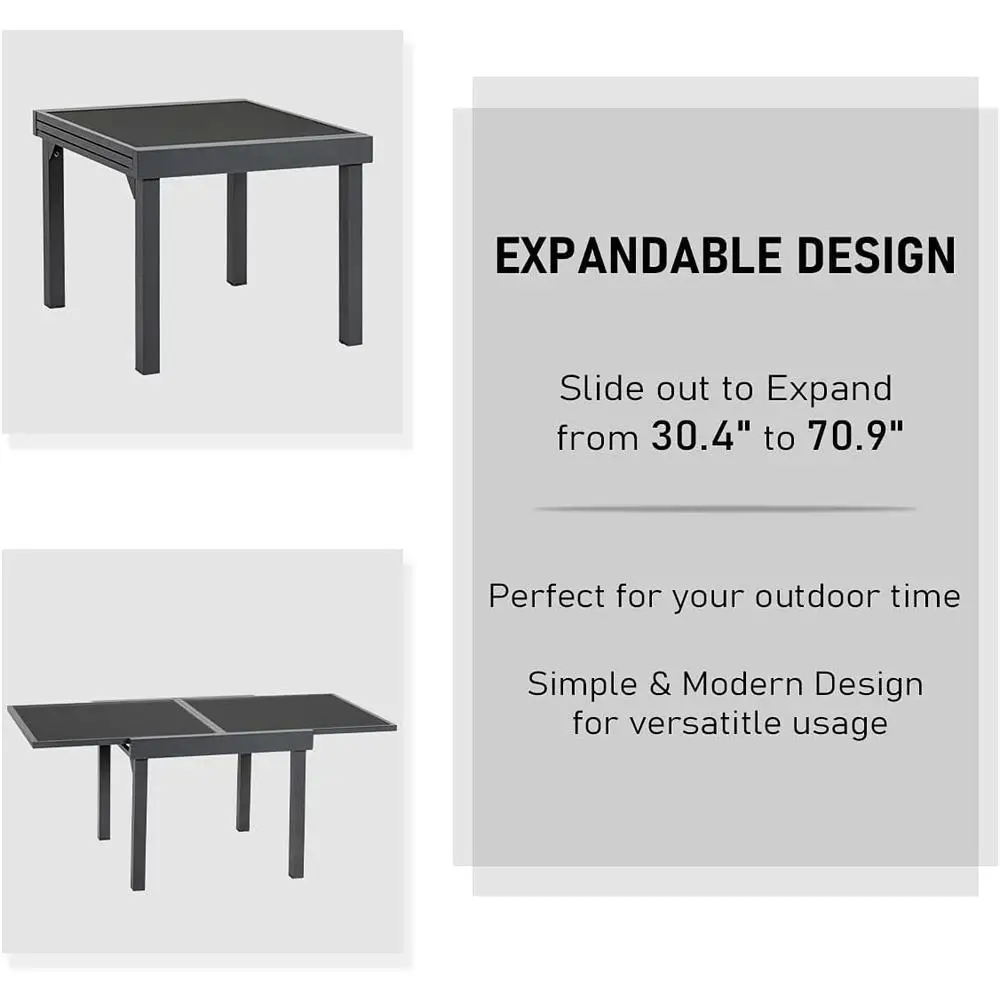 Outdoor Aluminum Extendable Dining Table Glass Top Patio Garden Backyard Bistro Dining Durable Weather Resistant Easy Assembly