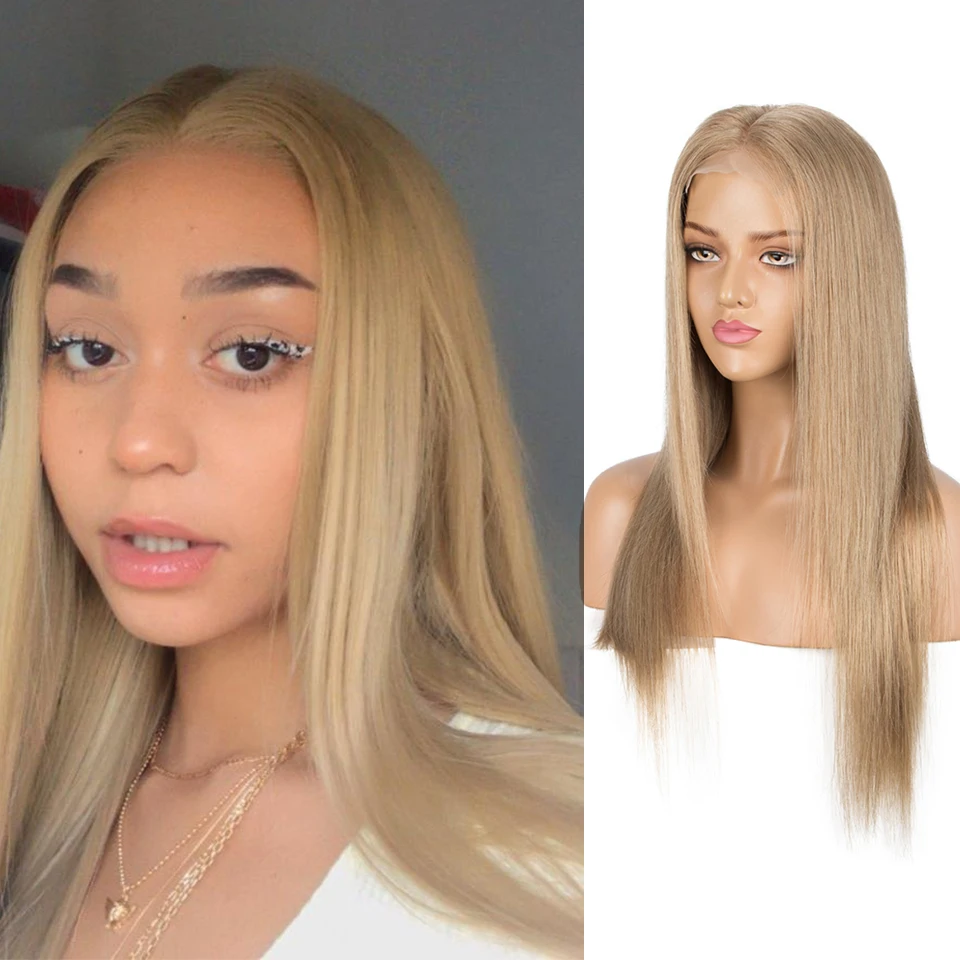 Sleek Gold Blonde Colored Human Hair Wigs 13X6X1Lace Front Brazilian Hair Wigs 22 Inch Long Black Straight Cosplay Wig For Women